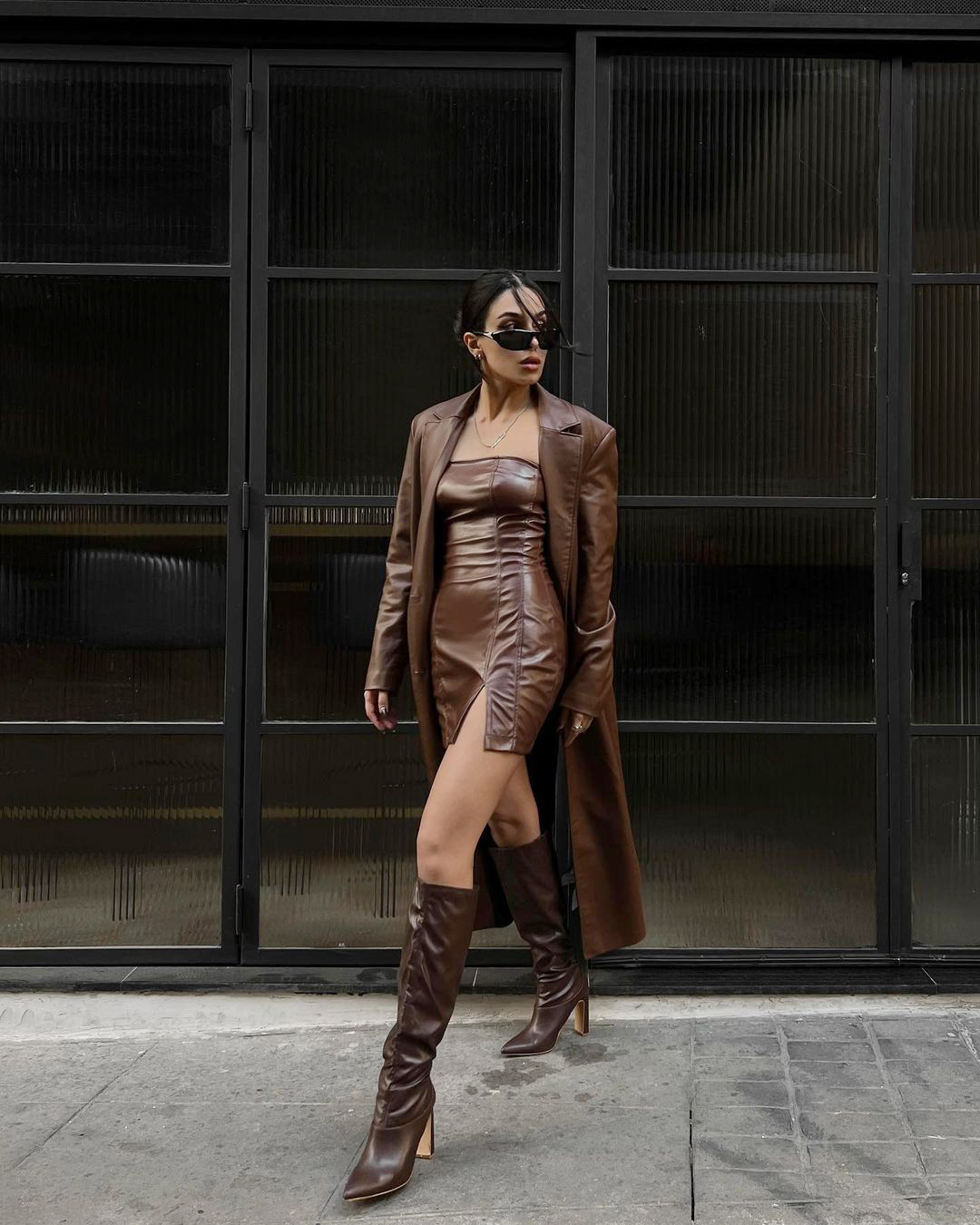 We're Loving This Head-To-Toe Brown Leather Look