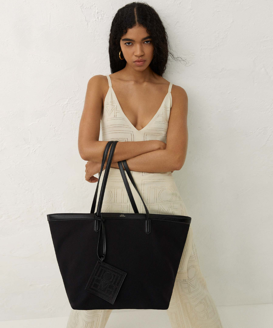 Leather Trimmed Canvas Tote Bag in Black - Toteme
