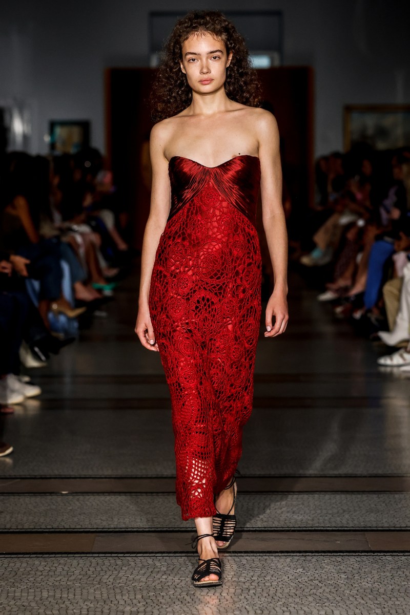 open lace back dress Alejandra Alonso Rojas Ruched Gown in Red Print 10