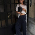 fashion blogger wearing track pants for spring