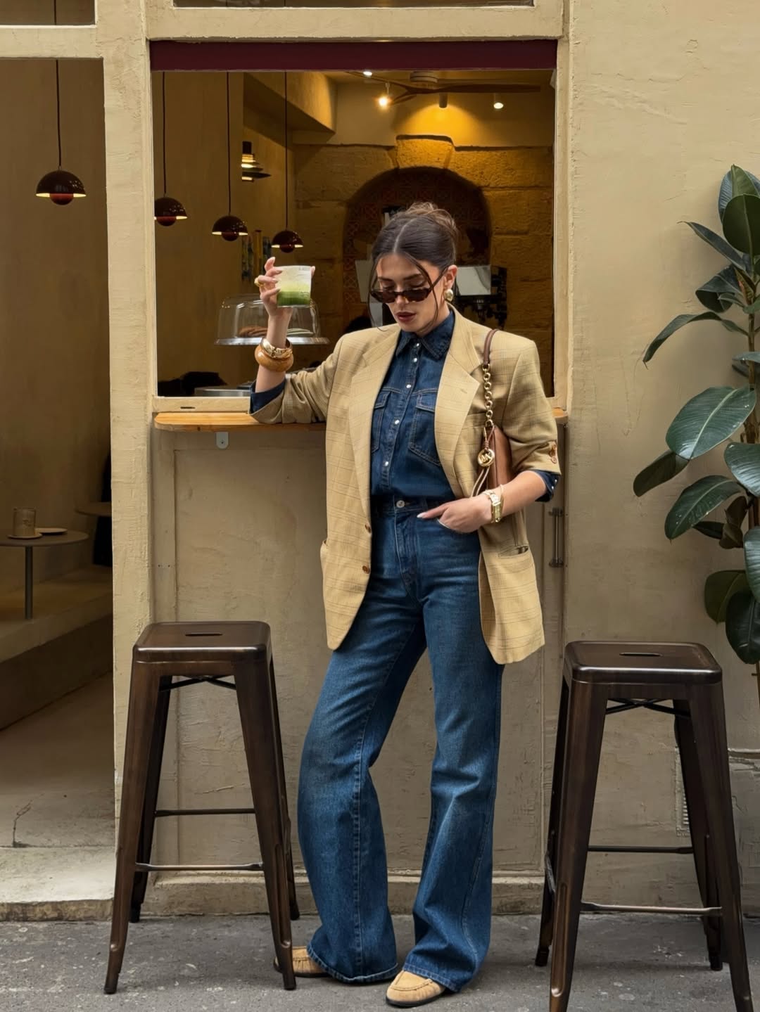  Fashion Blogger Wearing Flared Denim And A Denim Shirt