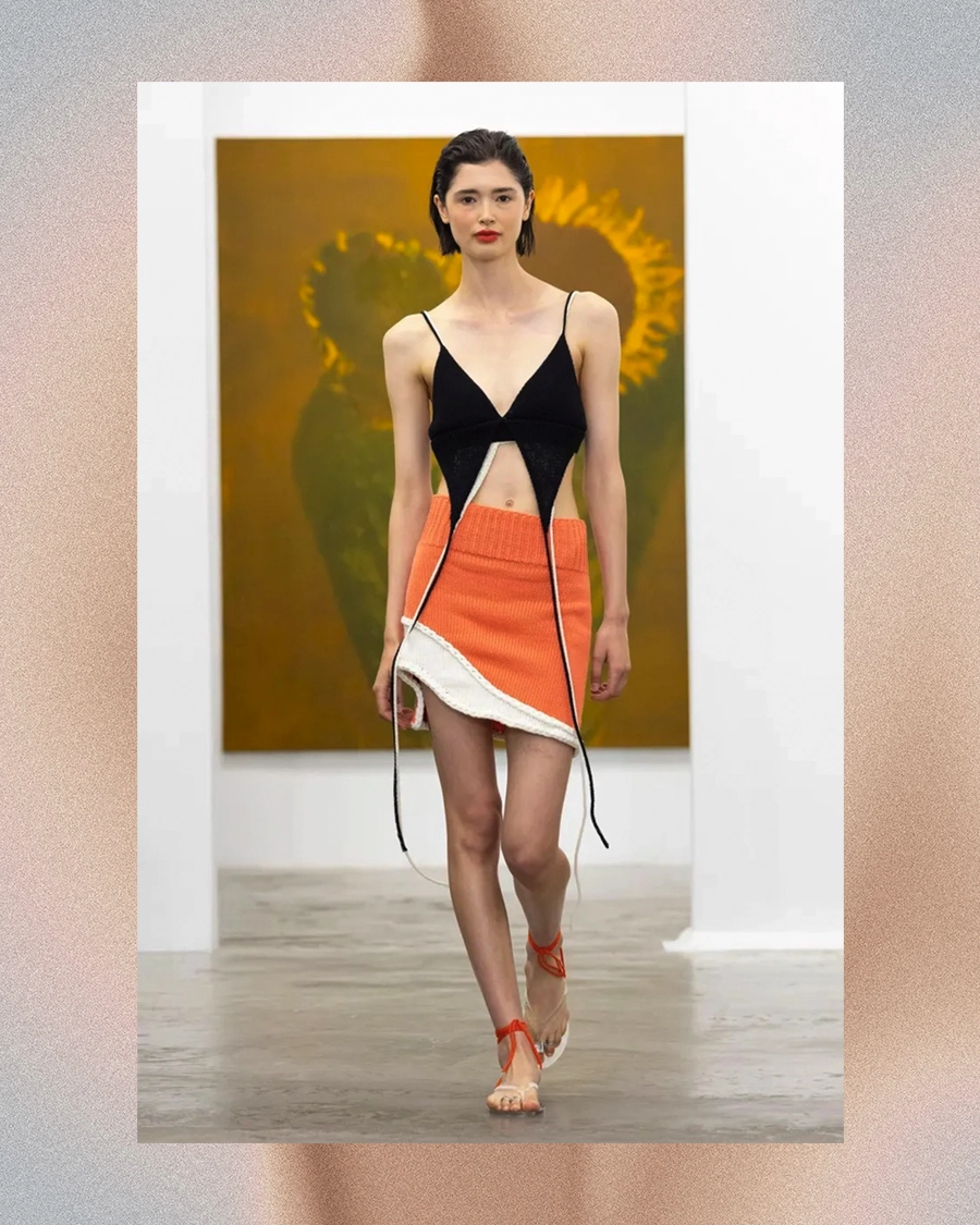 Aisling Camps Spring 2027 deconstructed runway outfit shown as a complete vertical look